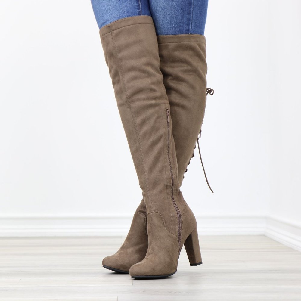 Taupe Suede Thigh High Over The Knee Block High Heel Boots With Lace Up Back - Picture 9 of 14